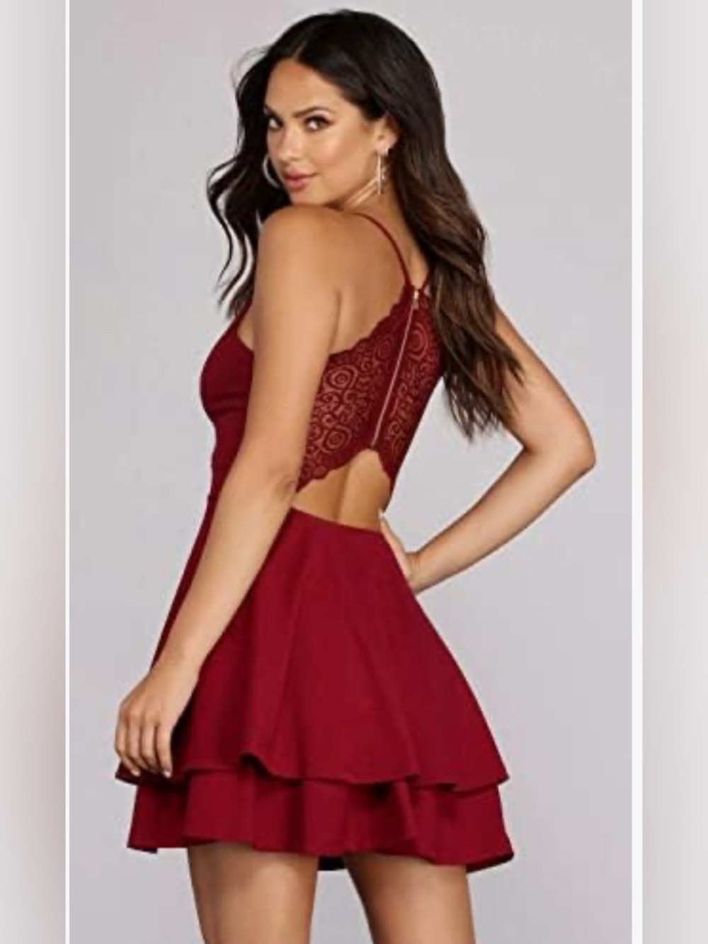 Burgundy Lace Back Tiered Skater Dress – V-Neck Spaghetti Strap Mini